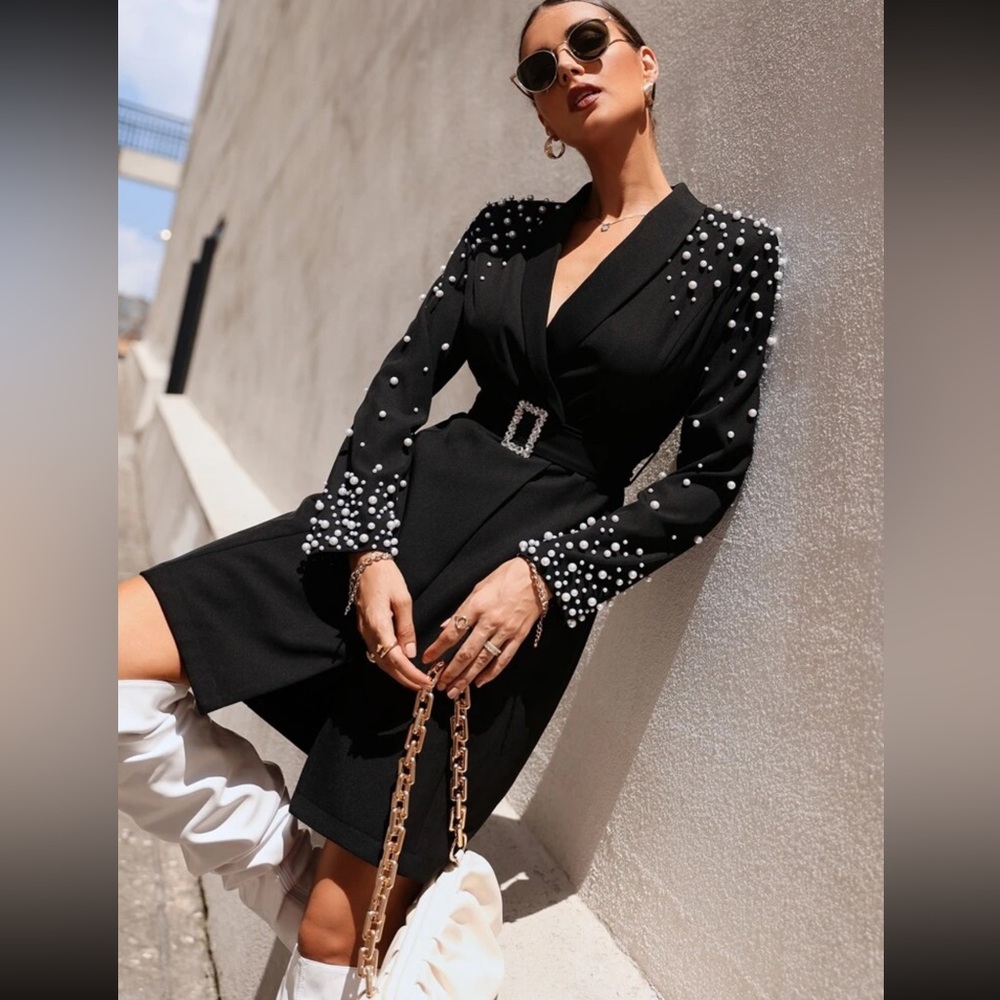 Neck Pearl Detail Belted Blazer Dress